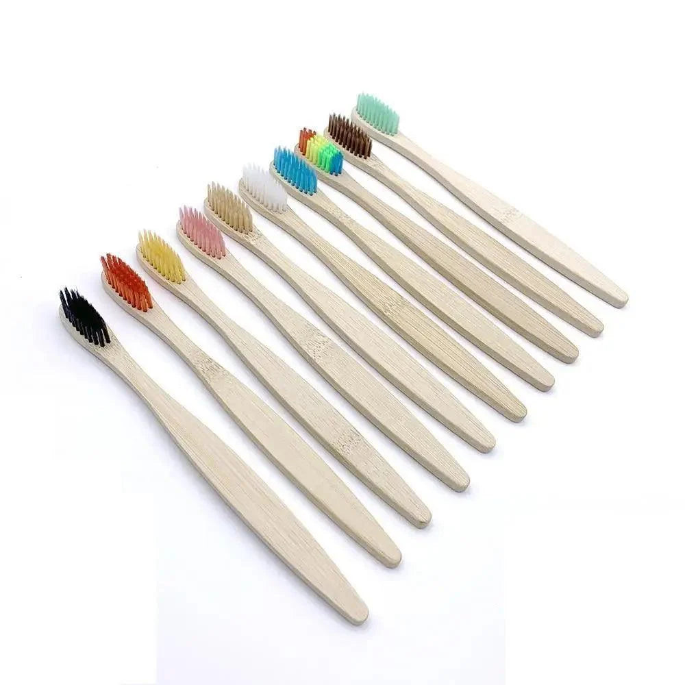 10-Pack Eco-Friendly Bamboo Toothbrushes Soft Bristles Natural Colors