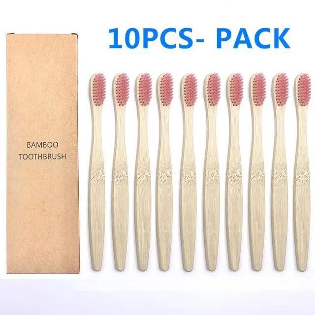 10-Pack Eco-Friendly Bamboo Toothbrushes Soft Bristles Natural Colors