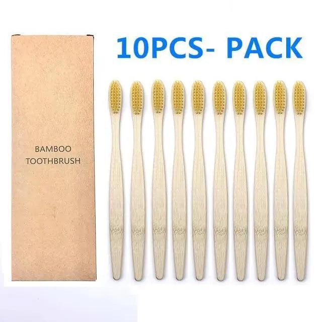 10-Pack Eco-Friendly Bamboo Toothbrushes Soft Bristles Natural Colors