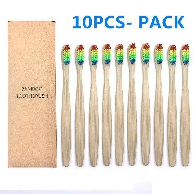 10-Pack Eco-Friendly Bamboo Toothbrushes Soft Bristles Natural Colors