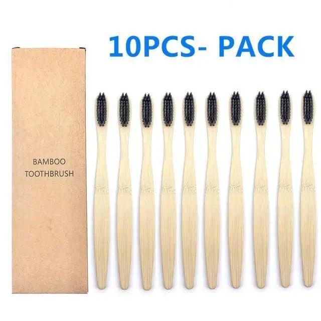 10-Pack Eco-Friendly Bamboo Toothbrushes Soft Bristles Natural Colors