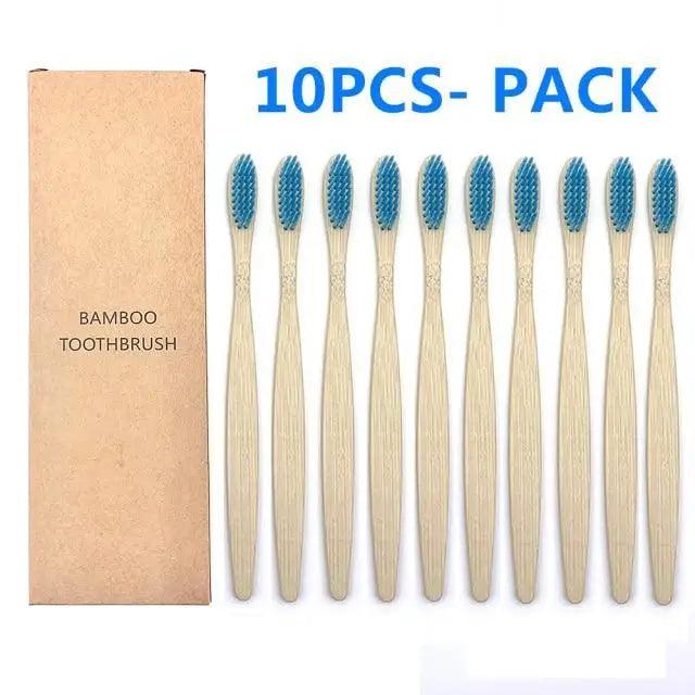 10-Pack Eco-Friendly Bamboo Toothbrushes Soft Bristles Natural Colors