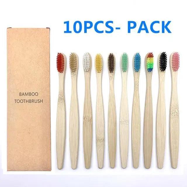 10-Pack Eco-Friendly Bamboo Toothbrushes Soft Bristles Natural Colors