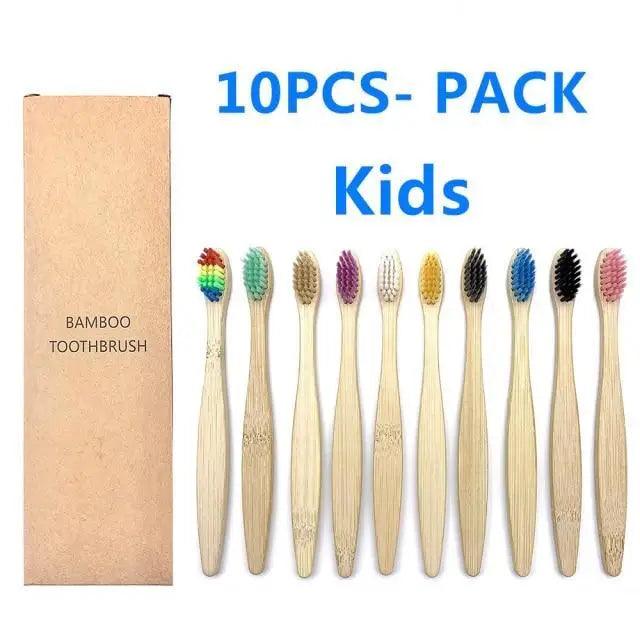 10-Pack Eco-Friendly Bamboo Toothbrushes Soft Bristles Natural Colors