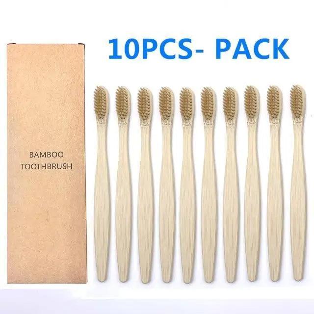 10-Pack Eco-Friendly Bamboo Toothbrushes Soft Bristles Natural Colors