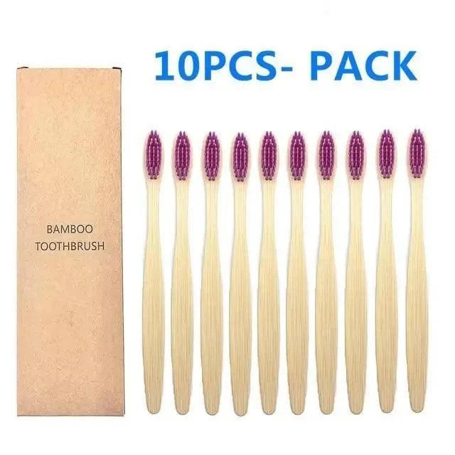 10-Pack Eco-Friendly Bamboo Toothbrushes Soft Bristles Natural Colors