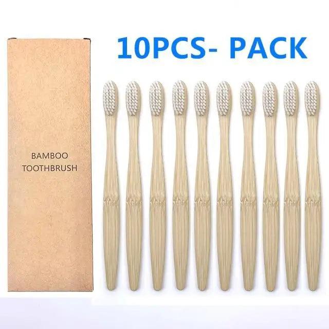 10-Pack Eco-Friendly Bamboo Toothbrushes Soft Bristles Natural Colors