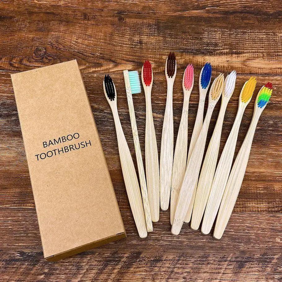 10-Pack Eco-Friendly Bamboo Toothbrushes Soft Bristles Natural Colors