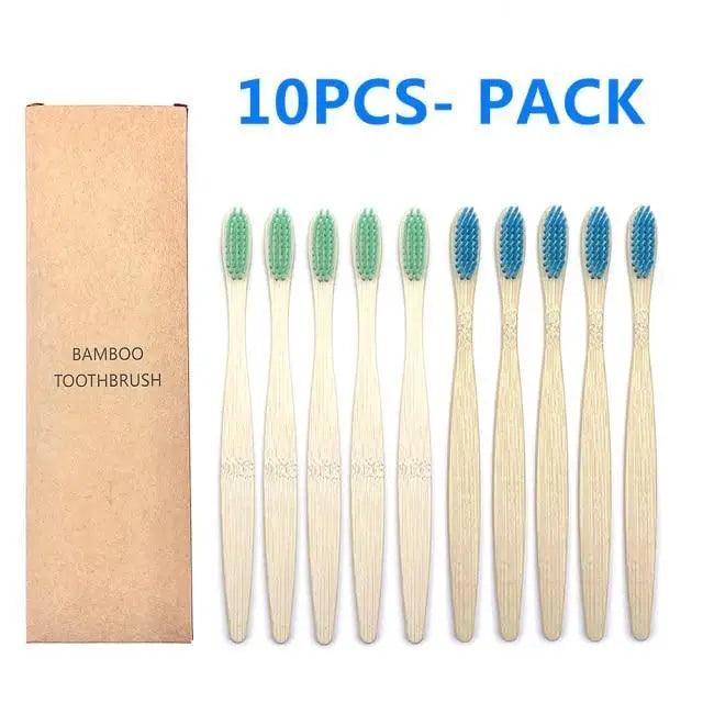 10-Pack Eco-Friendly Bamboo Toothbrushes Soft Bristles Natural Colors