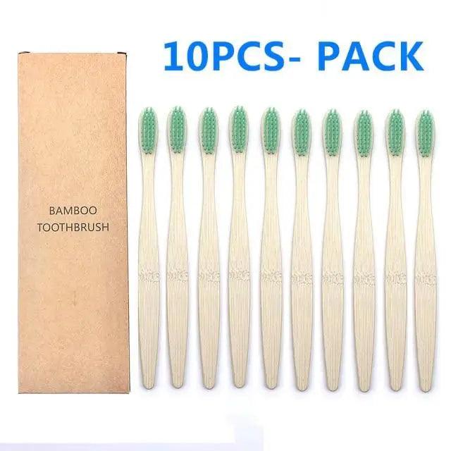 10-Pack Eco-Friendly Bamboo Toothbrushes Soft Bristles Natural Colors