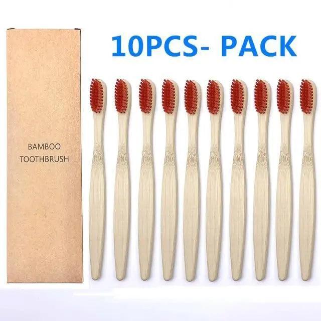 10-Pack Eco-Friendly Bamboo Toothbrushes Soft Bristles Natural Colors
