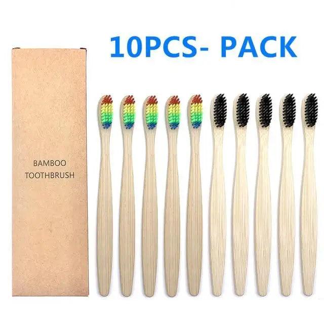 10-Pack Eco-Friendly Bamboo Toothbrushes Soft Bristles Natural Colors
