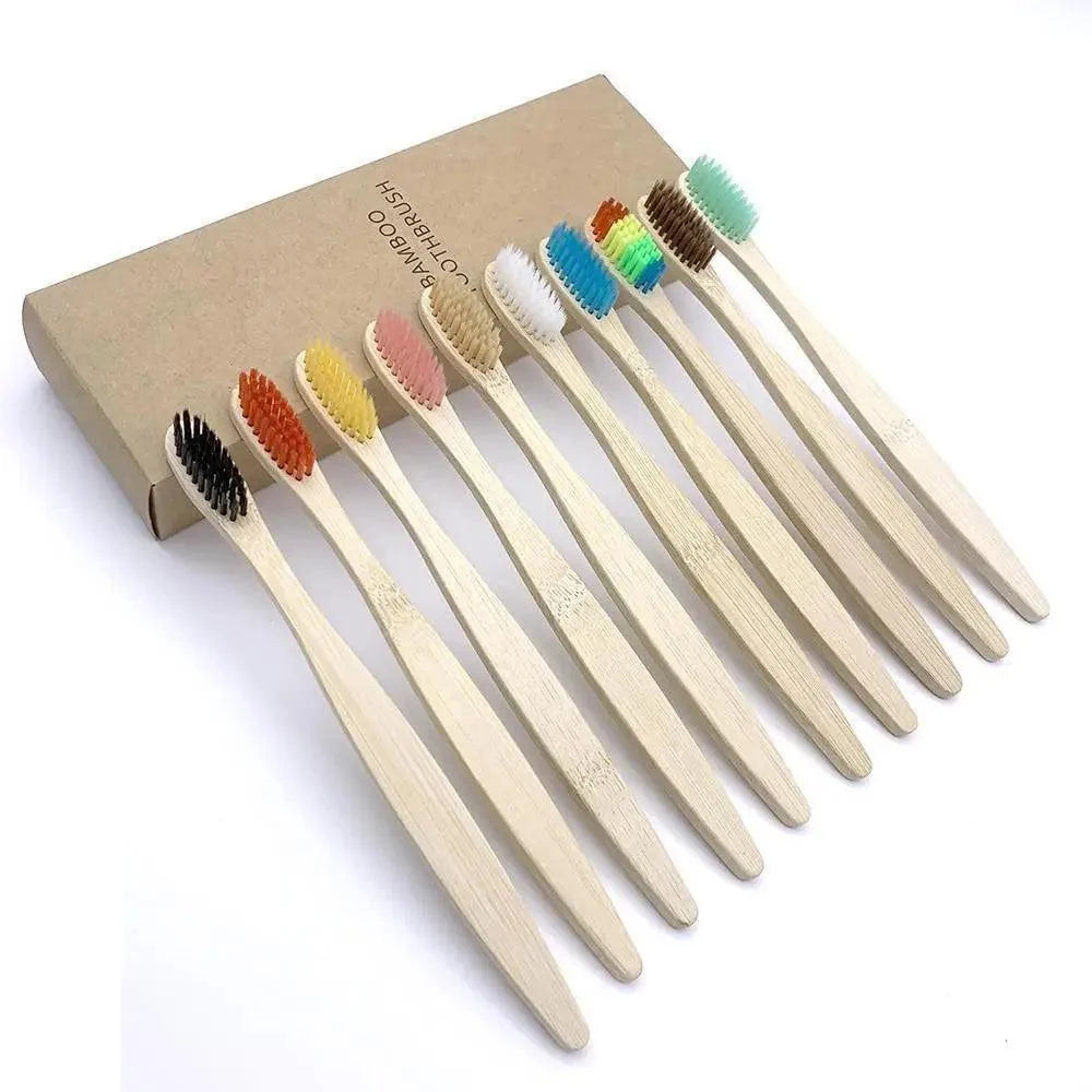 10-Pack Eco-Friendly Bamboo Toothbrushes Soft Bristles Natural Colors
