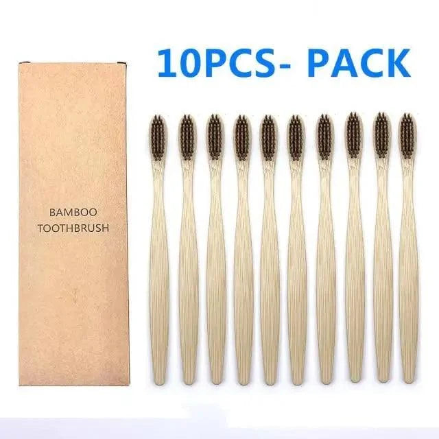 10-Pack Eco-Friendly Bamboo Toothbrushes Soft Bristles Natural Colors