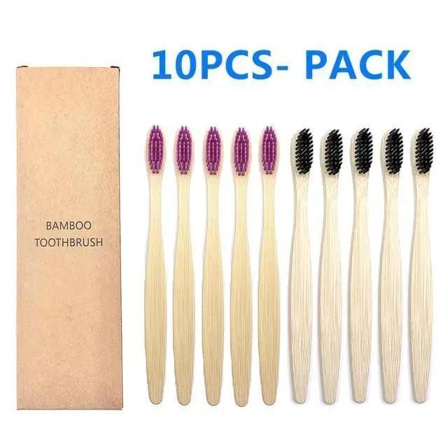 10-Pack Eco-Friendly Bamboo Toothbrushes Soft Bristles Natural Colors
