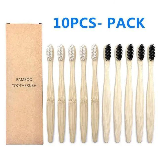10-Pack Eco-Friendly Bamboo Toothbrushes Soft Bristles Natural Colors
