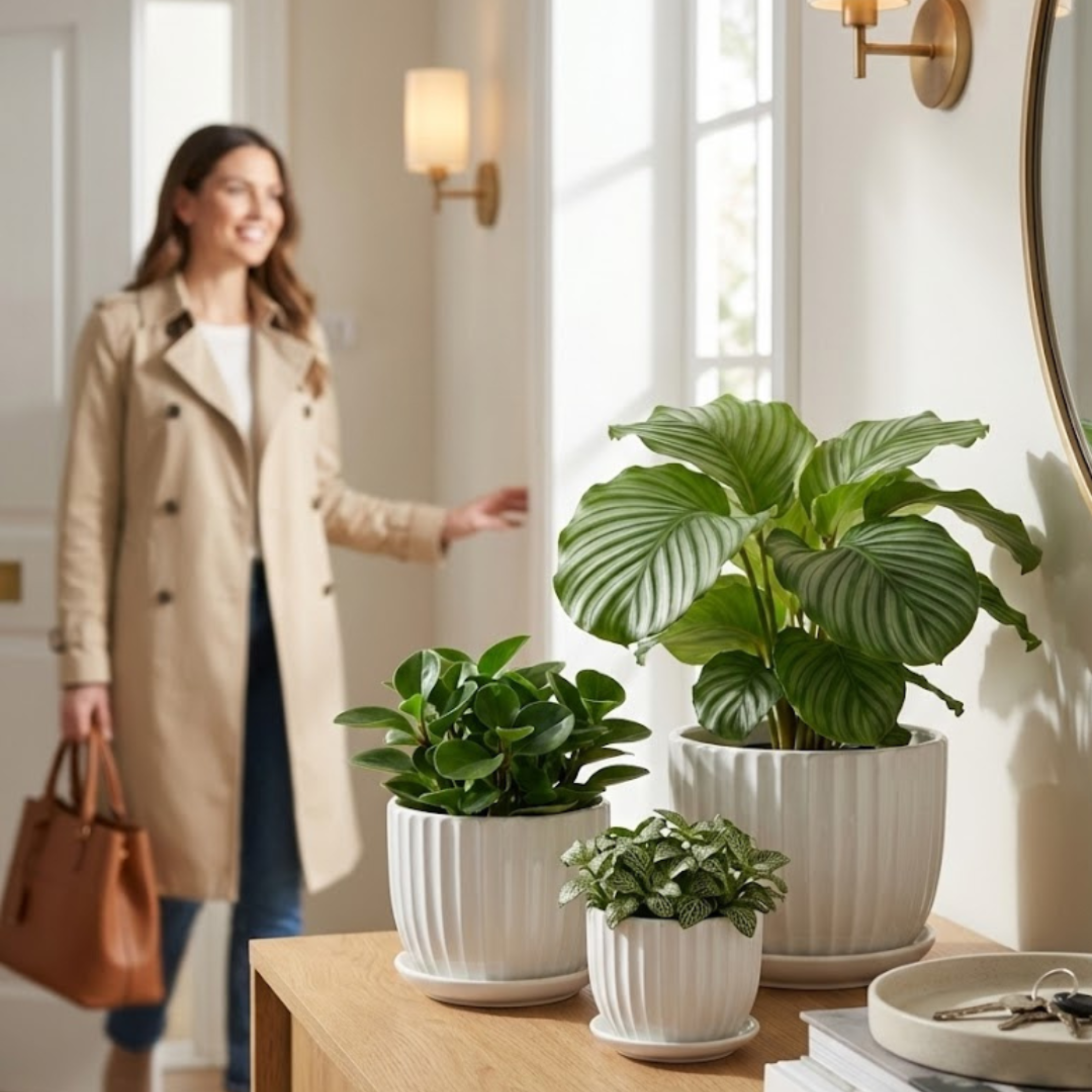 3-Piece White Ceramic Fluted Planter Pot Set