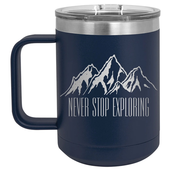 Never Stop Exploring2 15 oz Mug | Navy