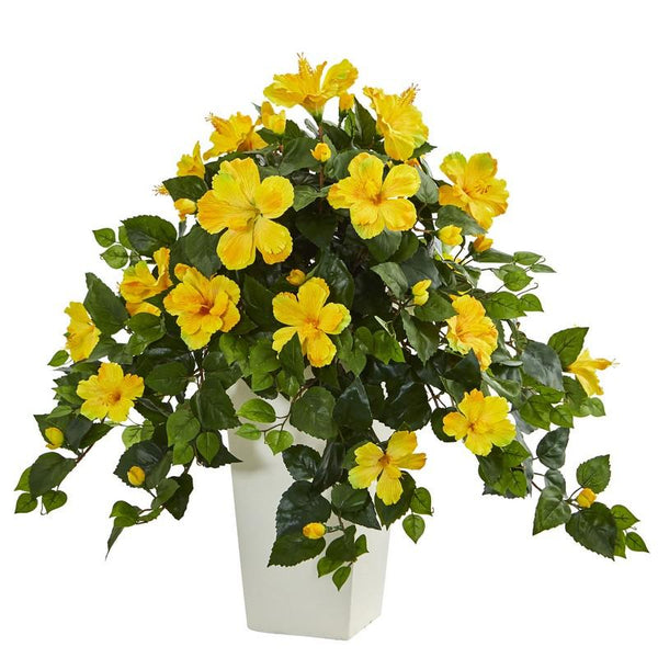 Artificial Hibiscus Plant White Tower Planter Home Decor