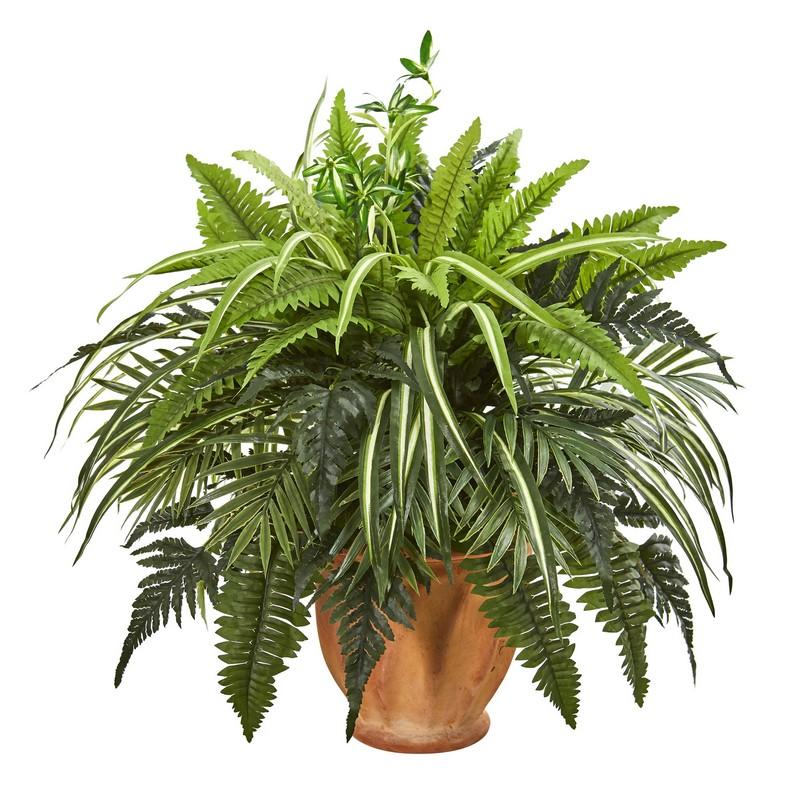 23-Inch Mixed Greens Fern Artificial Plant Terra Cotta Planter