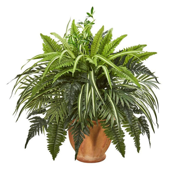 23-Inch Mixed Greens Fern Artificial Plant Terra Cotta Planter