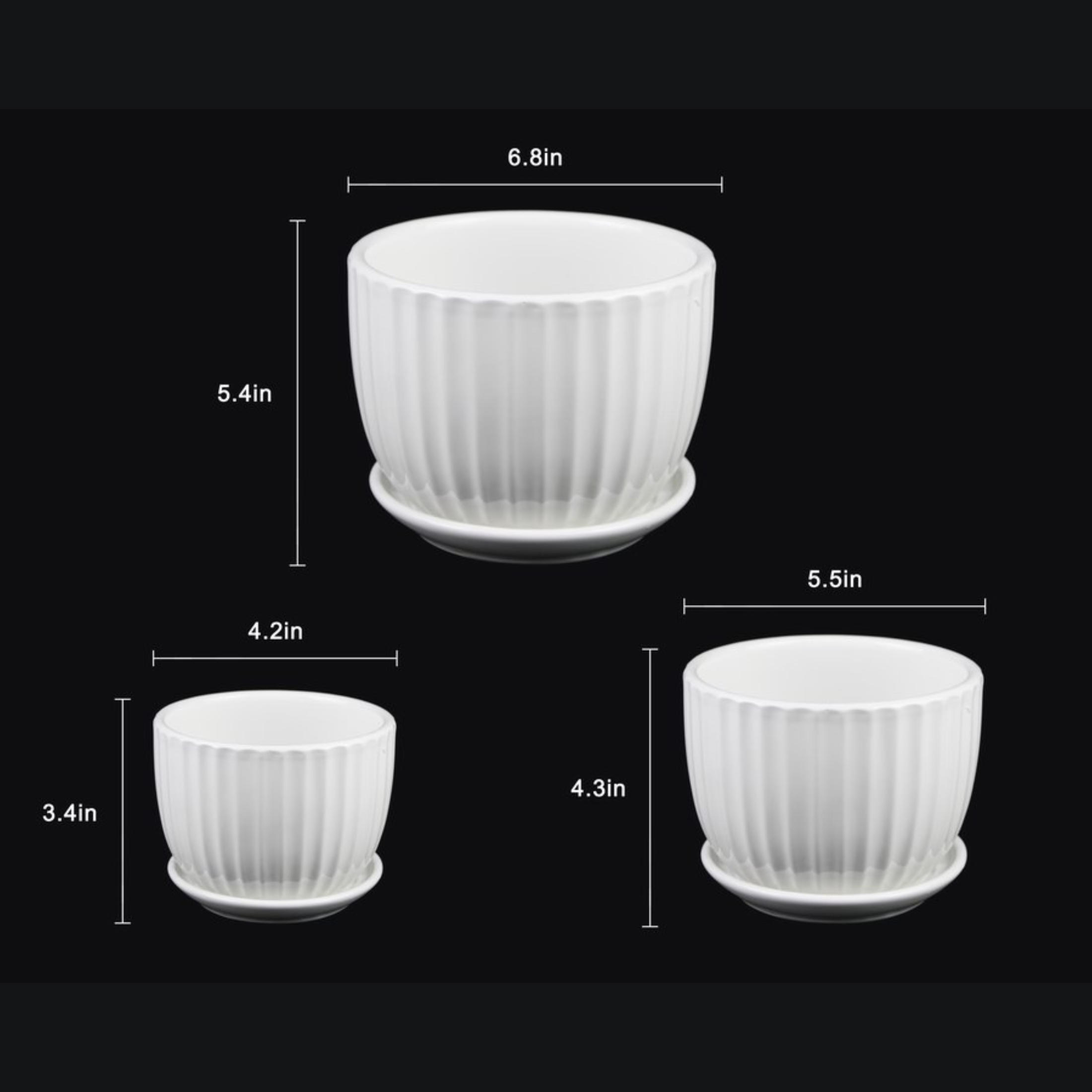3-Piece White Ceramic Fluted Planter Pot Set