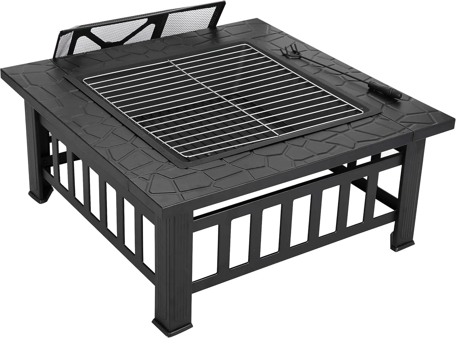 32 Inch Outdoor Fire Pit with Spark Screen Lid and Waterproof Cover, Square Metal Firepit Backyard Patio BBQ Garden Stove Firepl