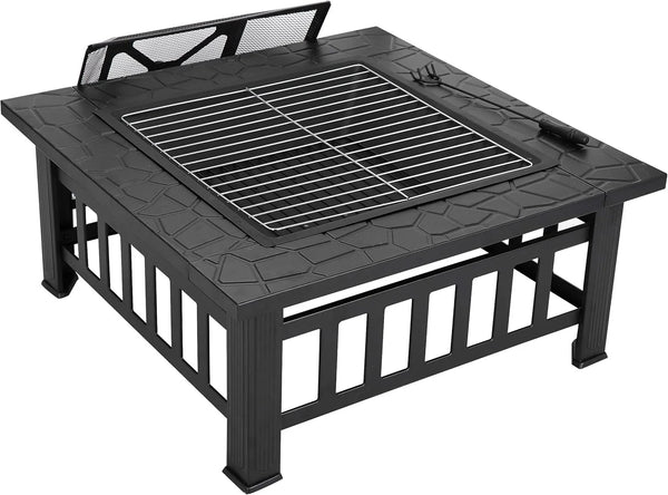 32 Inch Outdoor Fire Pit with Spark Screen Lid and Waterproof Cover, Square Metal Firepit Backyard Patio BBQ Garden Stove Firepl