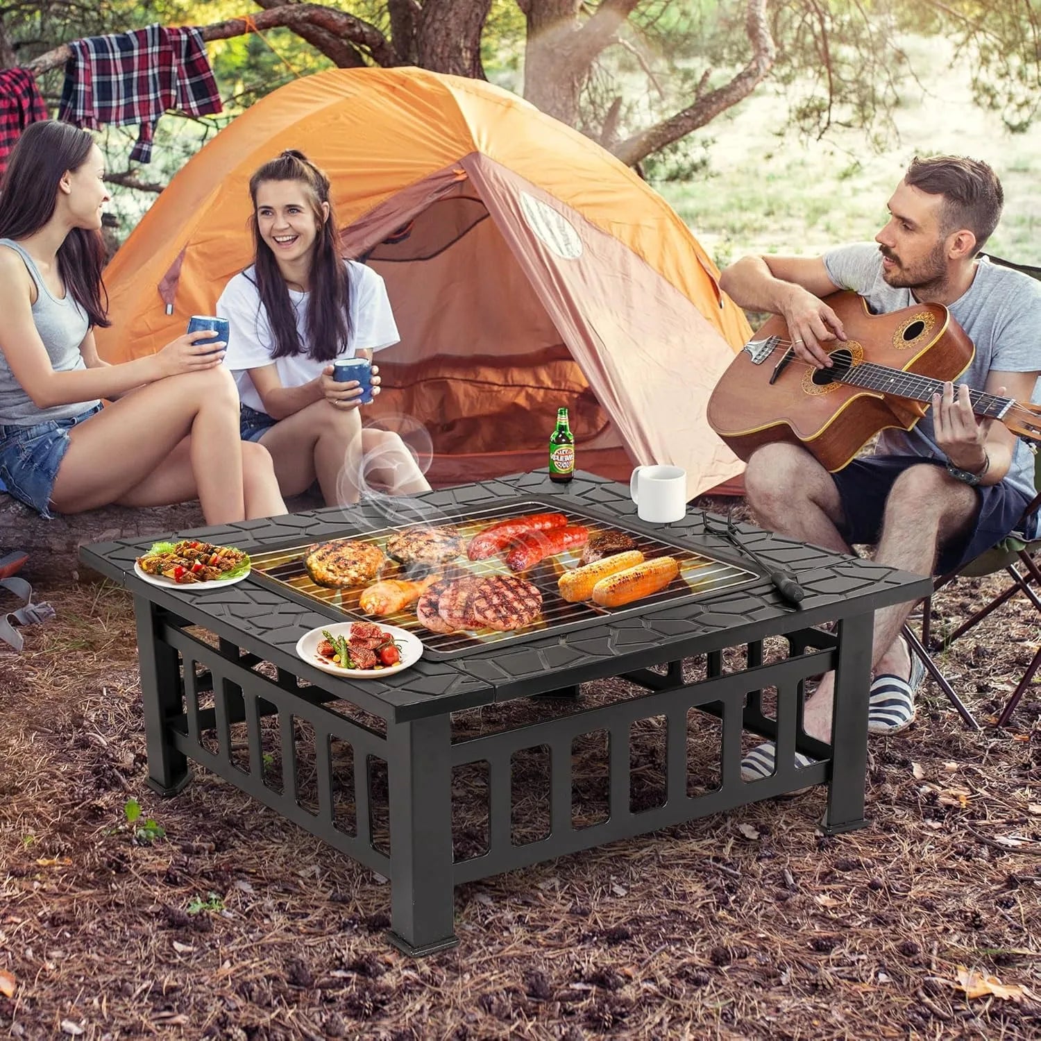 32 Inch Outdoor Fire Pit with Spark Screen Lid and Waterproof Cover, Square Metal Firepit Backyard Patio BBQ Garden Stove Firepl