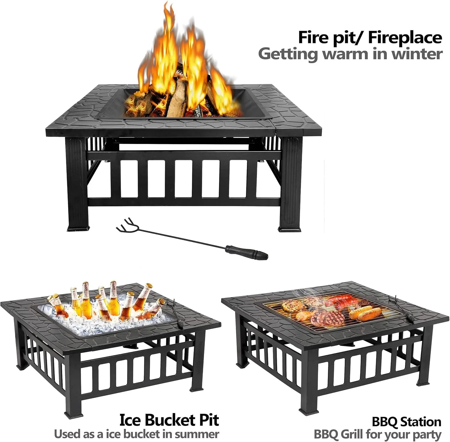 32 Inch Outdoor Fire Pit with Spark Screen Lid and Waterproof Cover, Square Metal Firepit Backyard Patio BBQ Garden Stove Firepl