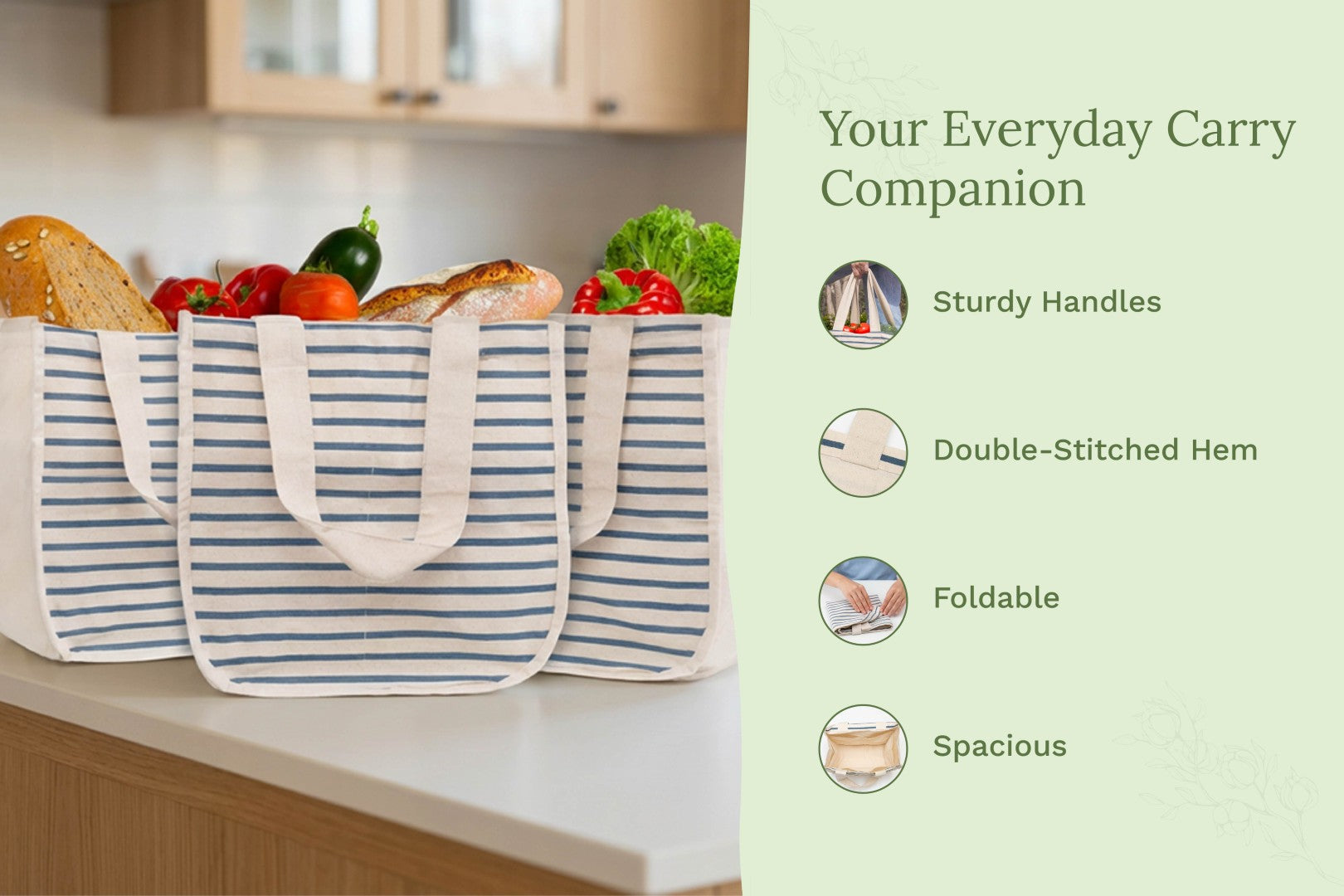 Canvas Grocery Tote Bags Reusable Eco-Friendly Shopping Carryall