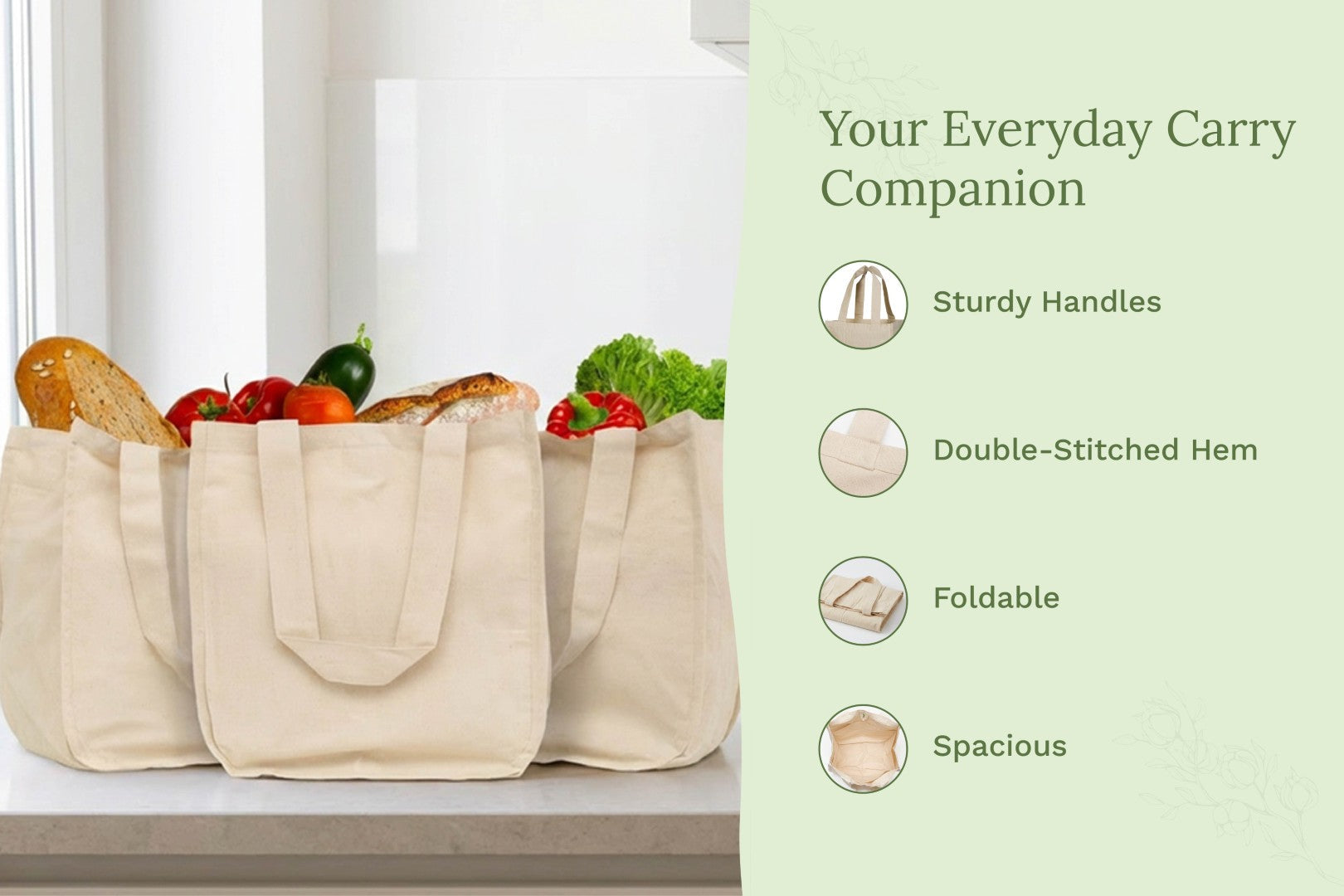 Canvas Grocery Tote Bags Reusable Eco-Friendly Shopping Carryall