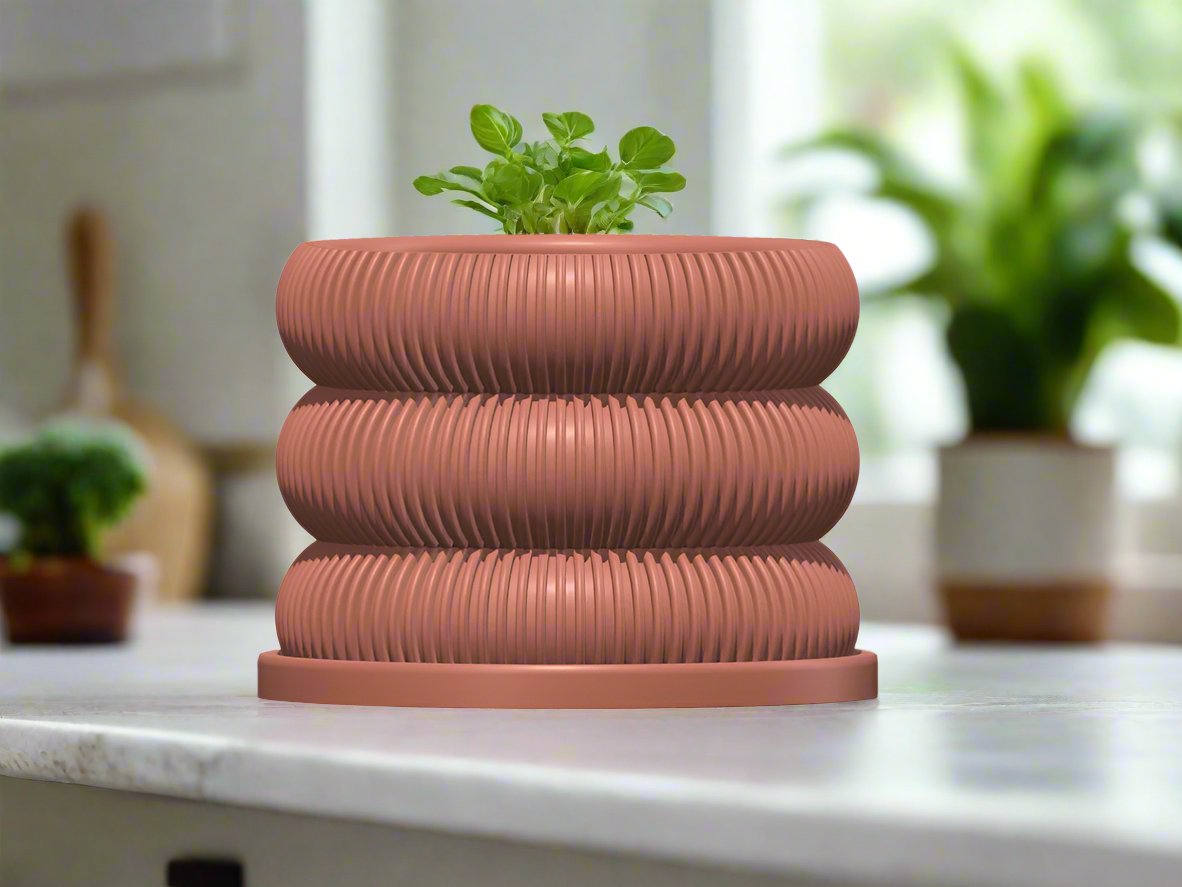 Ribbed Bubble Plant Pot With Drainage Saucer