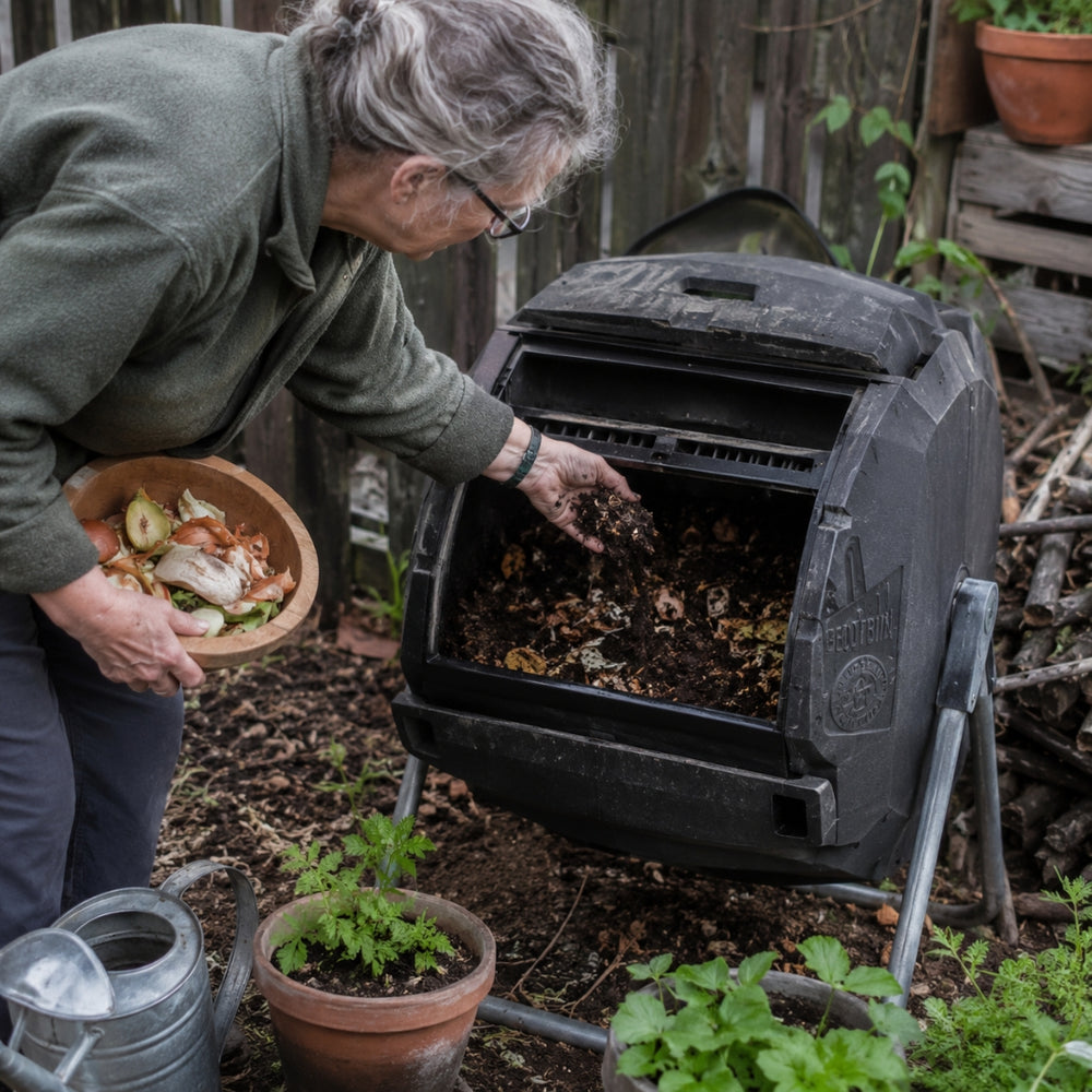 Person adding food waste to a compost bin in a garden setting