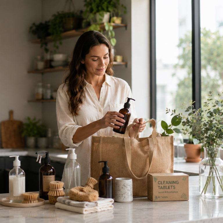 Woman in a kitchen preparing a bottle of soap with various products on the counter.