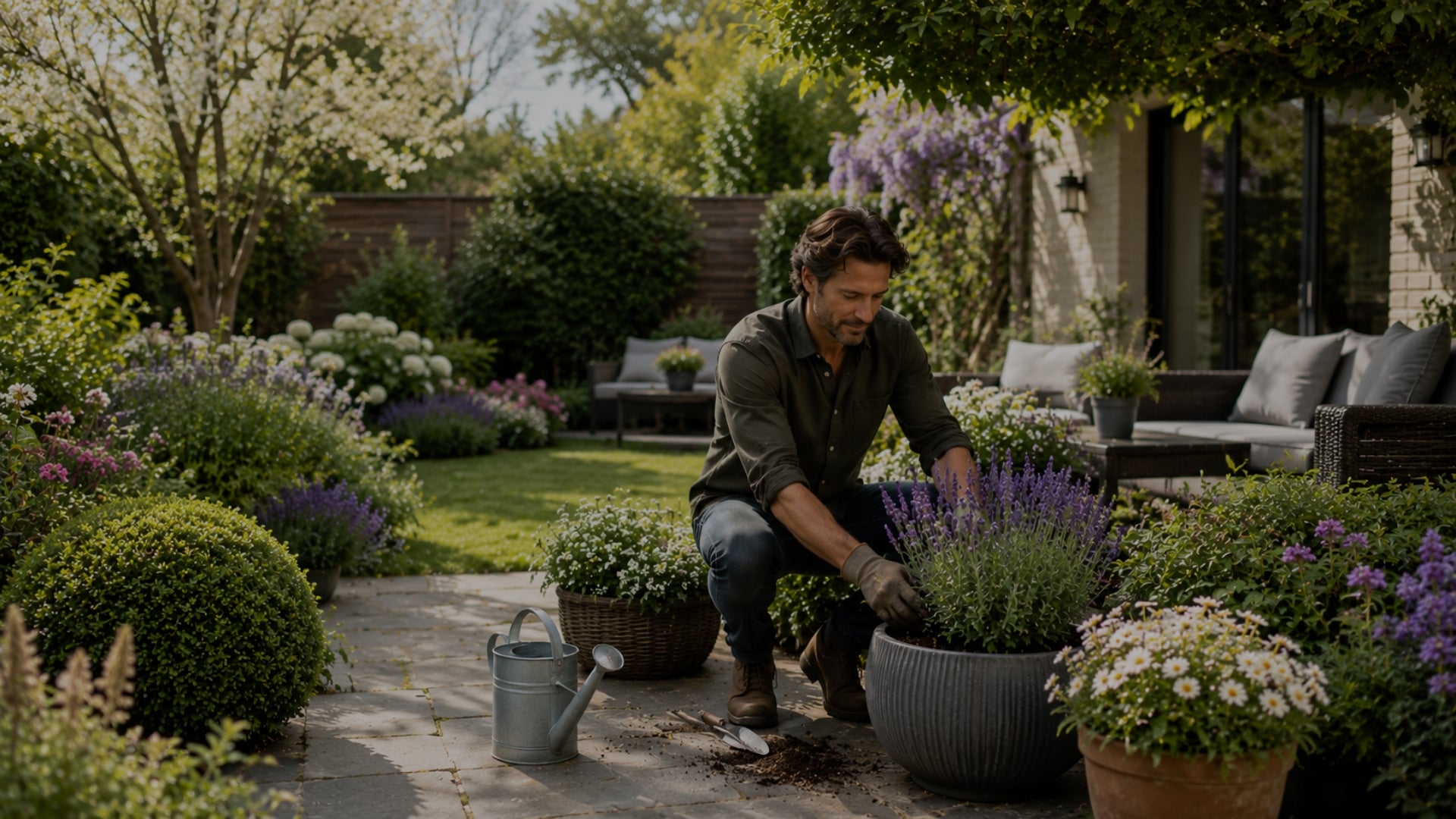 Man tending to plants in a garden with a house in the background