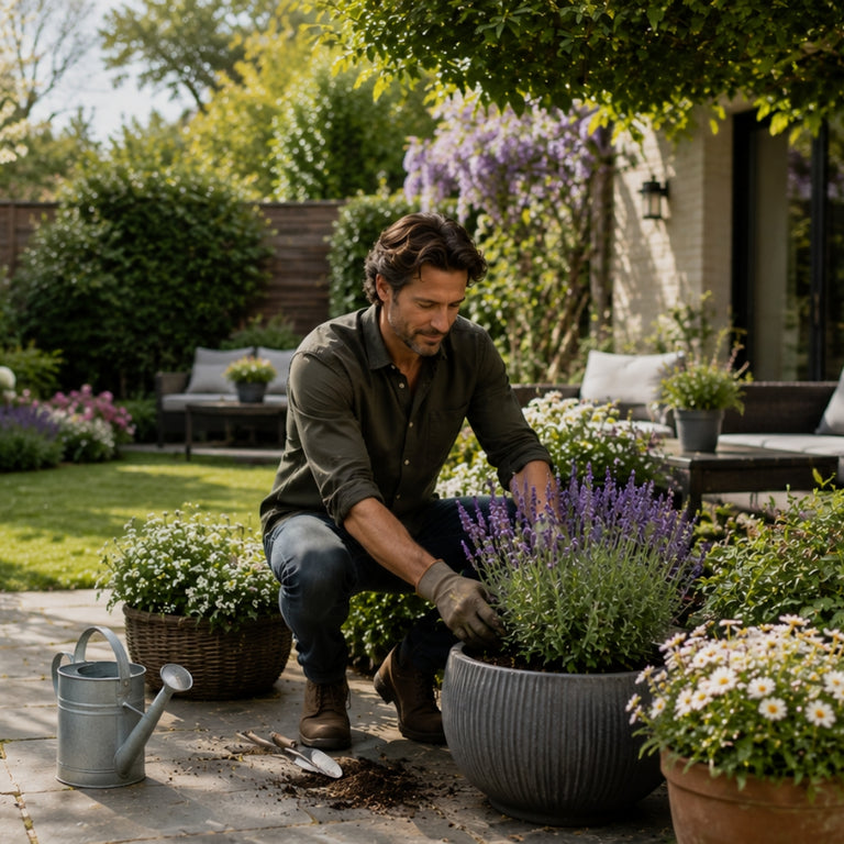 Man tending to plants in a garden with a house in the background