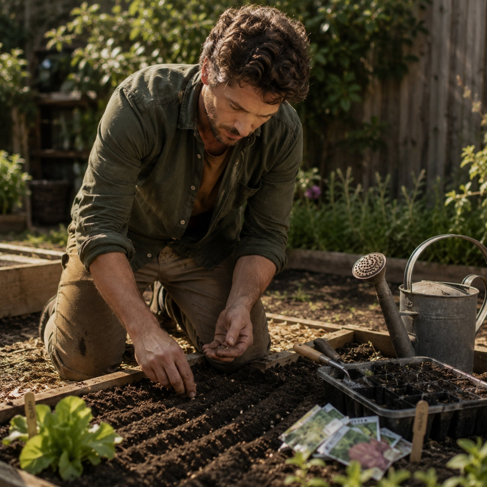Man planting seeds in a garden bed with gardening tools and plants around.