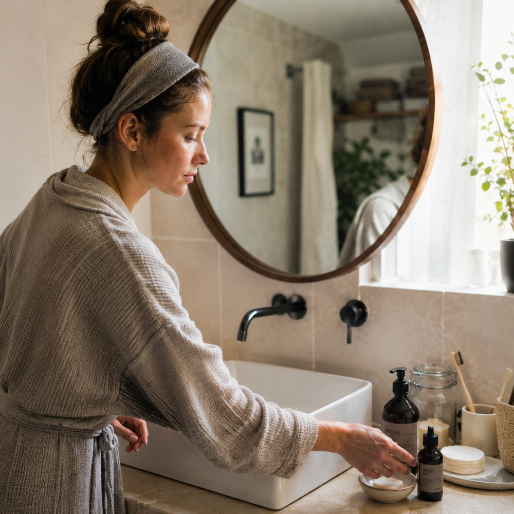 Woman in a bathrobe washing her hands in a bathroom sink.