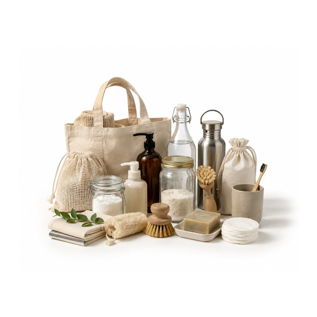 Collection of zero-waste products including reusable bags, bottles, and containers on a white background